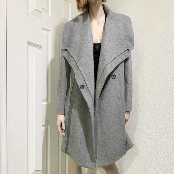 BADGLEY MISCHKA Nikki Mid Length Italian Cashmere Wool Leather Braid Coat XL - Picture 7 of 16